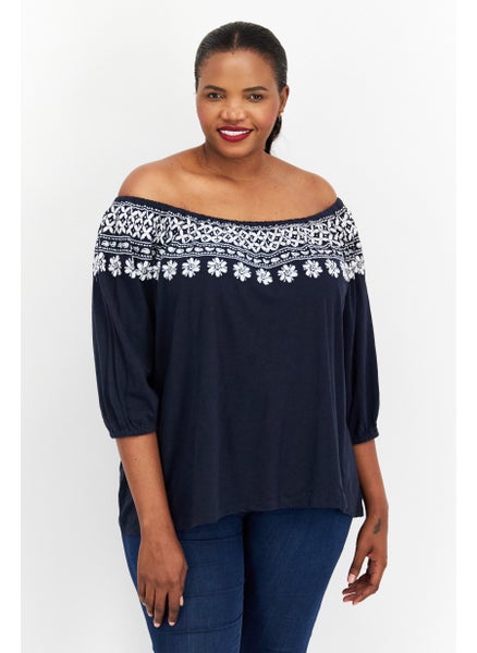 Buy Women Plus Size Off-Shoulder Neckline Short Sleeves Embroidered  Blouse, Navy in UAE