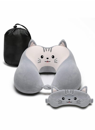 Buy Travel Pillow for Kids and Adults, Cute Animal Memory Foam Neck Pillow with Soft Fleece Cover and Eye Mask Set, Airplane Pillow Travel Kit with Drawstring Organizer Bag, Machine Washable (Kitten) in UAE