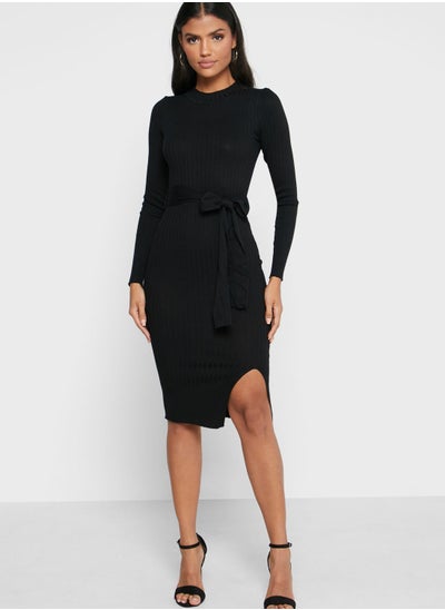 Buy Tie Waist Rib Midi Dress in Saudi Arabia