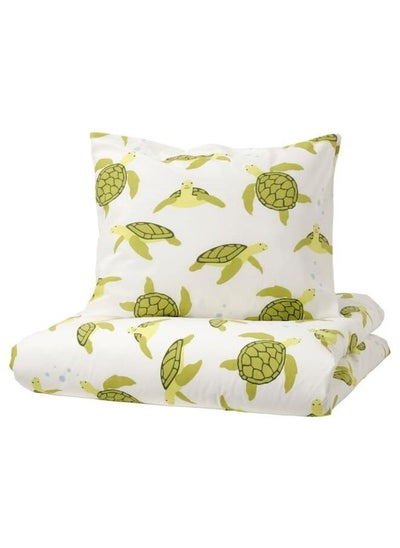 Buy Duvet cover and pillowcase, turtle pattern green/white, 150x200/50x80 cm in Saudi Arabia