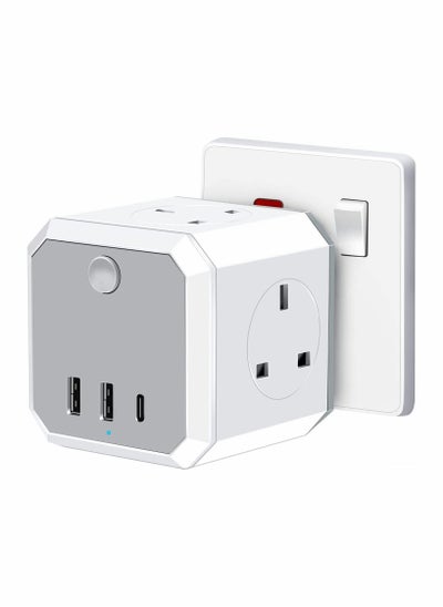 اشتري Multi Plug Adapter with USB, Cube Extension Plug with 4 AC Outlets 2 USB and 1 Type-C Slots, UK Wall Socket, 13A Multi Plug Extension Socket Power Adapter for Home Office Kitchen, White في الامارات