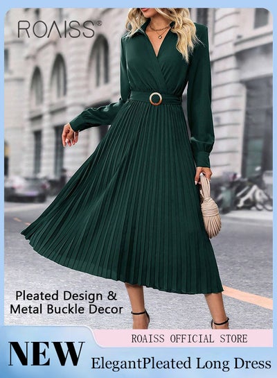 Buy Solid Pleated Hem Belted Dress for Women Elegant Temperament Adjustable Dark Green Long Sleeve Dress Ladies Wedding Guest Waist Dresses Costumes in UAE