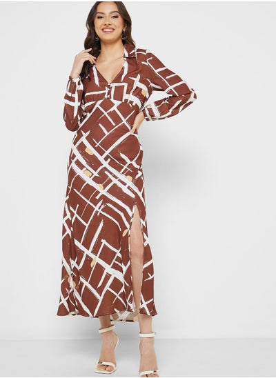 Buy V-Neck Printed Side Slit Dress in UAE