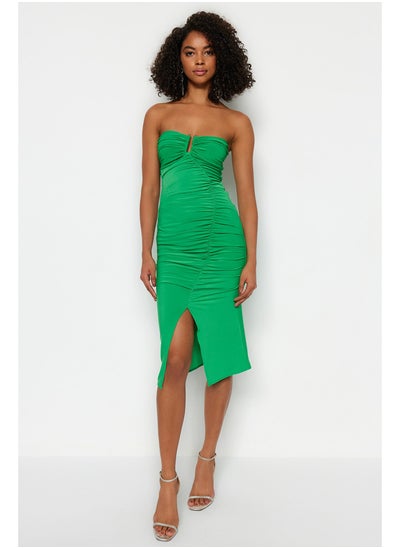 Buy Green Fitted Knitted Accessories Draped Evening Dress TPRSS23EL00015 in Egypt