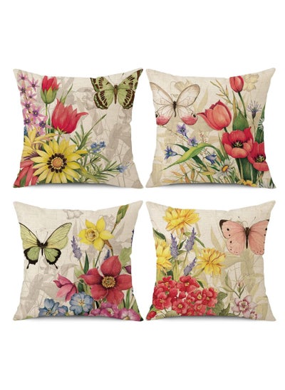 Buy Throw Pillow Covers, 4Pcs Square Decorative Spring Soft Linen Print Flower Butterfly Pillowcases for Sofa Couch Living Room Outdoor (18 x 18inch) in UAE