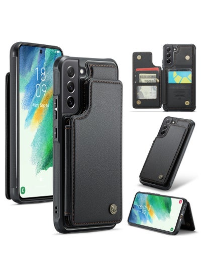 Buy Wallet Case for Samsung Galaxy S21 FE, Premium Handmade Durable PU Leather Slim Shockproof Case with [Double Magnetic Clasp] [Card Holder] [Kickstand] [RFID Blocking] (Black) in Egypt