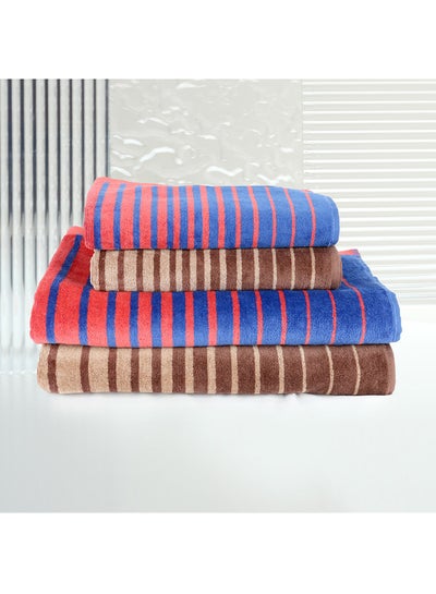 Buy 4 Piece Bathroom Towel Set BOUNDRY 450 GSM 100% Cotton Velour 2 Bath Towel 70x140 cm & 2 Hand Towel 50x90 cm Blue & Brown Color Modern Stripe Design Luxury Touch Extra Absorbent in UAE