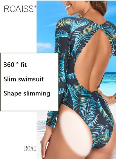 Buy Women Backless One Piece Swimsuit with High Slit Shorts One Piece Beachwear Women Long Sleeved Sun Protection Surfing Wetsuit in Saudi Arabia