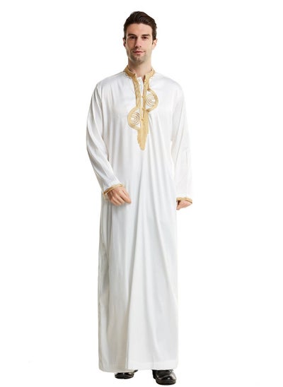 اشتري Mens Stand Collar Embroidery Long Sleeve Kaftan Robe With Pockets And Button Islamic Arabic Abaya White في الامارات