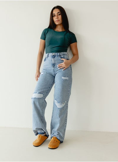 Buy Light Blue Ripped Wide Leg jeans in Egypt