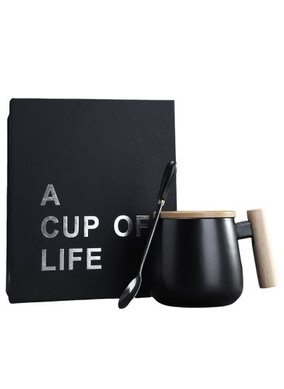 Buy Ceramic coffee mug with wooden lid, gift mug Black in UAE