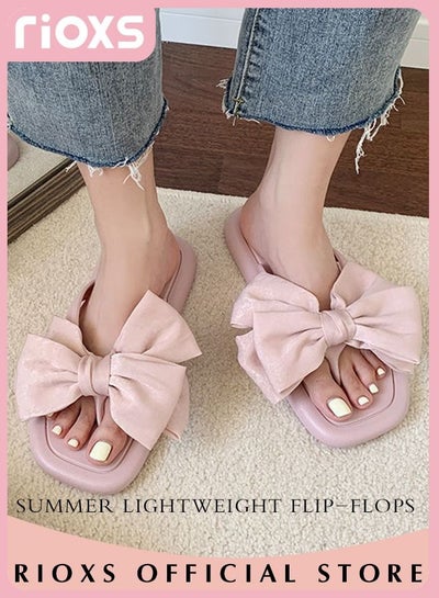 Buy Women's Lightweight Flip-Flop Flat Sandals Summer Silk Bow Beach Casual Anti-Slip Sandals For Indoor Or Outdoor Use in UAE