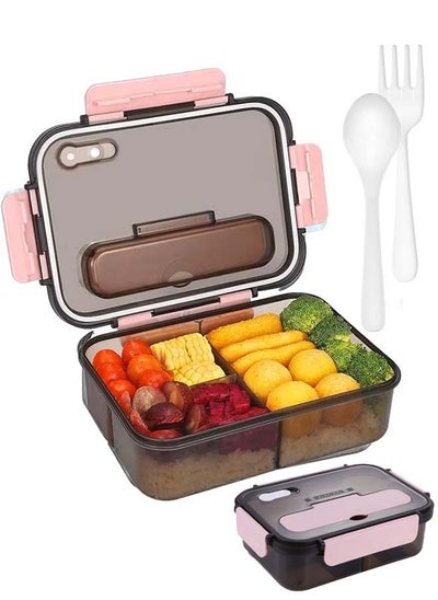 Buy Bento Lunch Box - 3 Compartment Lunch Containers for Adults and Kids,Food Grade Plastic Lunch Box with Spoon & Fork (Pink） in Saudi Arabia