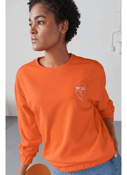 Buy Women Round Neck Long Sleeves Embroidered Sweatshirt, Orange in UAE