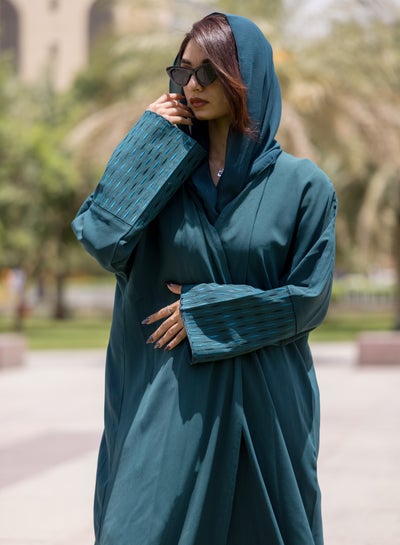 Unique Design Abaya V-Open Neck Sleeve Embroidered with Teal Blue