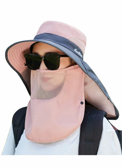 اشتري Women's Sun Fishing Hat, Womens Hiking Hat Foldable Nylon Wide Brim with Large Neck Flap UPF 50+ Protection Hats for Beach Safari Fishing, Pink في السعودية