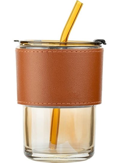 اشتري Glass Tumbler with Straw and Lid, Glass Cup with Leather Protective Sleeve, Reusable Cup for Straw and Direct Drinking Mouth Dual Use في مصر