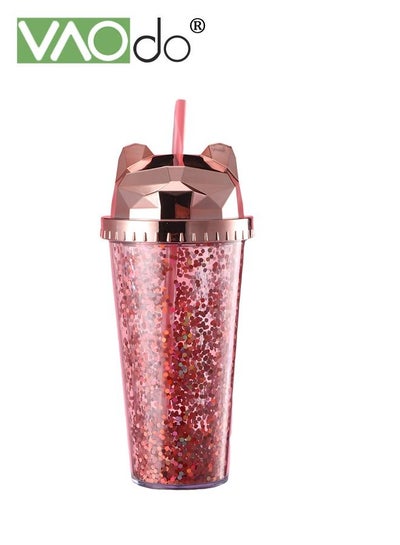 Buy Double-layer Plastic Water Cup Sequined Cute Cat Shape Water Cup With Straw Suitable for Juice Coffee Milk Tea Water Bottle in UAE