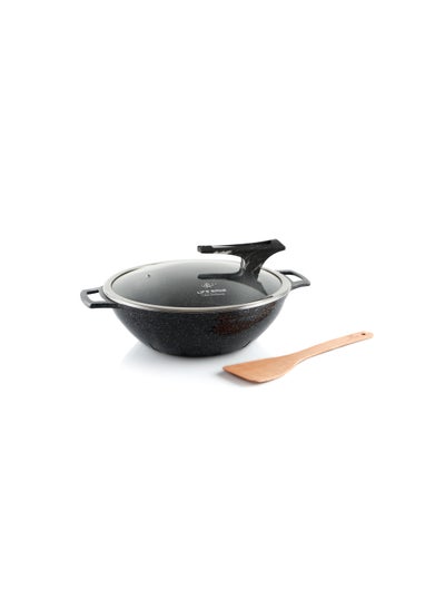 اشتري Wok Pan With Lid and 2 Handle Granite Coating - Die cast Aluminum Scratch Resistant Frying Pan , PFOA Free Induction Bottom Woks And Stir Fry Pans 32 CM في الامارات