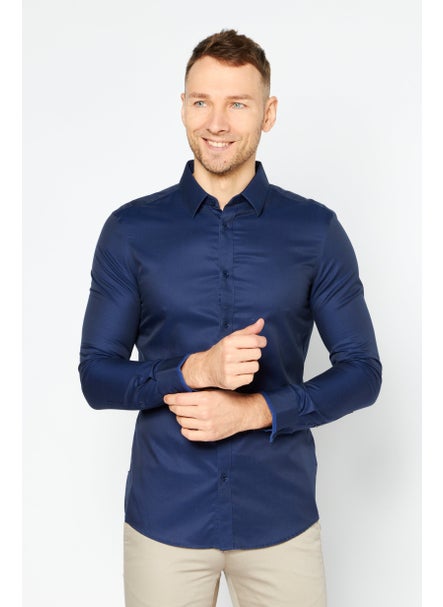 Buy Men Slim Fit Solid Long Sleeves Casual Shirt, Electric Blue in UAE