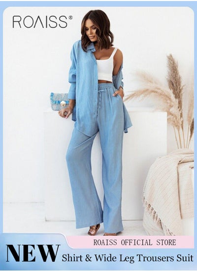 Buy Ladies Comfortable Cotton Linen 2 Piece Suit for Daily Commute - Shirt and Wide Leg Pants Set with Simple Loose Fit Design for Leisure in UAE