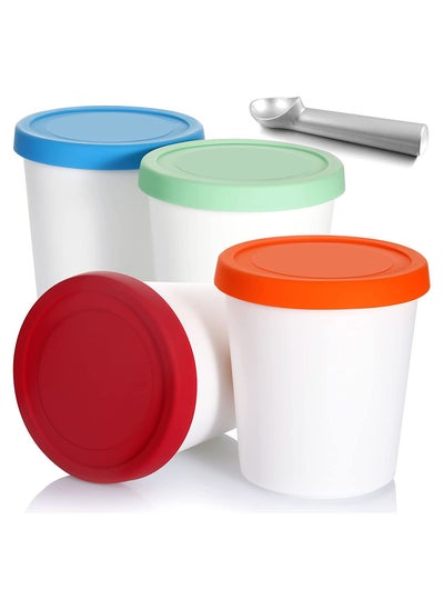 اشتري Ice Cream Containers, Round Freezer Storage Tubs with Silicone Lids and Spoon, for Homemade Ice Cream (Blue, Red, Green, Orange) في السعودية