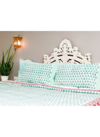 Buy Super King Size White and Jade Handblock Printed Cotton Flat Sheet With Pillow Covers in UAE