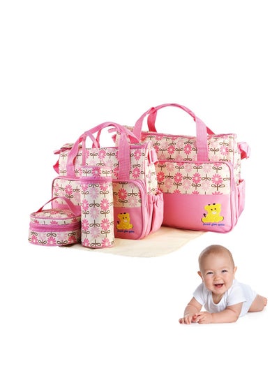 اشتري 5-in-1 Set Multifunctional Baby Diaper Bag, Maternity Mummy Handbag, Changing Set Handbag, Portable Nappy Basket Storage Organiser, Maternity Baby Bag for Boys Girls (Pink) في الامارات