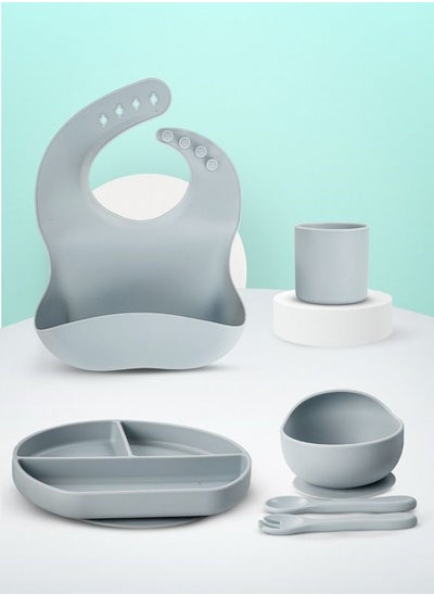 Buy Baybee Silicone Baby Feeding Set of 6 Pcs Tableware Kit for Toddler Kids BPA Free Self Eating Utensils Dishwasher Food Grade Suction Bowl Divided Plate with Adjustable Feeding Bib/ Cup/ Spoon (Grey) in UAE