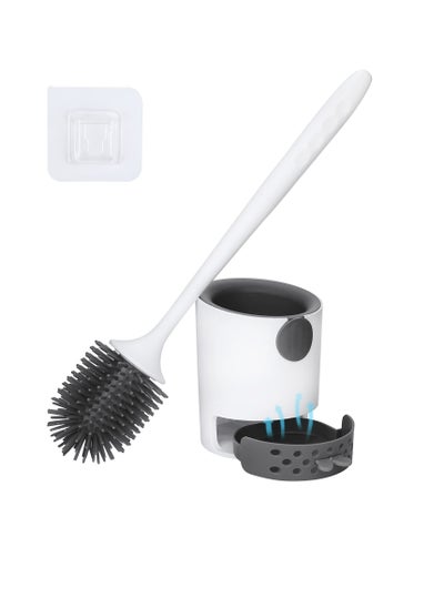 Buy Toilet Brush with Holder Set, Soft Silicone Bathroom Toilet Bowl Storage with TPR Banister Brush, Removable Water Drawer, and Long Handle, Wall Mounted/ Floor Standing, White in UAE