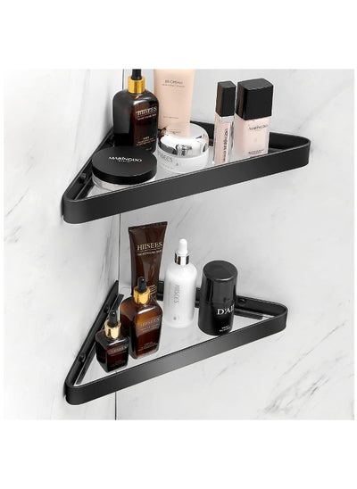 Buy Bathroom Wall Rack Black 15.7-Inch Glass Rack Bathroom Floating Rack with Towel Rack Glass Shower Rack 2 Layers (Triangular Black) in Saudi Arabia