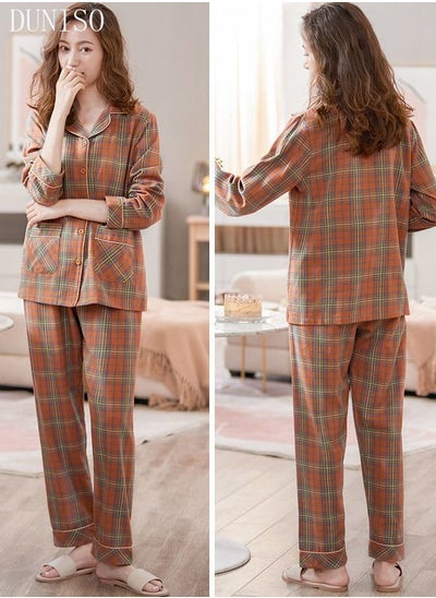 Buy 2- Piece Women's Soft Pajamas Set Long Sleeve Cotton Pajama Set with Plaid Print Sleepwear Loungewear Button-Down Night Suit Pajama Sets Spring and Autumn Night Wear in Saudi Arabia