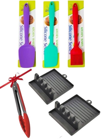 Buy A set of 6 pieces consisting of a silicone spoon, a silicone scraper, a silicone brush, 2 plastic spoon holders, and a stainless steel basting holder as a gift. in Egypt