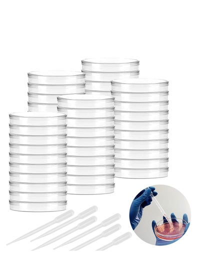 اشتري 50X Sterile Plastic Petri Dishes with Lid + 100X Dropper, 90mm*15mm, Lab Petri Plate Dish for Lab Analysis, School Projects, Blood Samples, Bacteria, Plant & Seed Cultivation Cell-Culture Petri Dish في الامارات