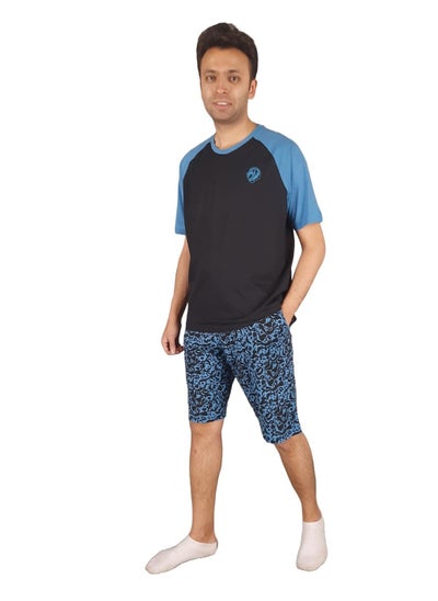 اشتري Men Summer Pajama Set Printed Top & Plain Short -Black*Blue في مصر