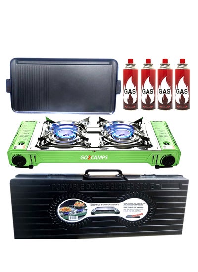 Buy 4-Piece Butane Gas Catridge Korean Double Burner Butane Camping Stove With BBQ Grill Hotplate/Hum burger Tray Multicolour in UAE