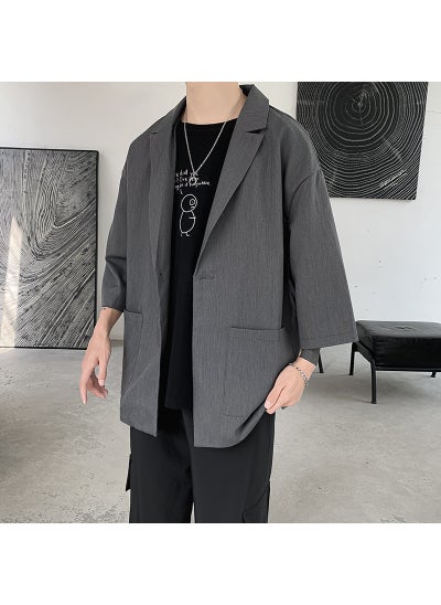 Buy Mens Casual Slim Fit Blazer Seven-Quarter Sleeve SuitGrey Grey in UAE