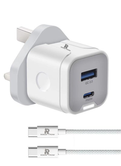 Buy iphone 15 20W PD Fast Charger with Fast charging Cable Compact Square Design Dual USB-A & Type-C UK Plug QC 3.0 Safe Charging Compatible with Phone Galaxy Pad Pixel Huawei and More in Saudi Arabia