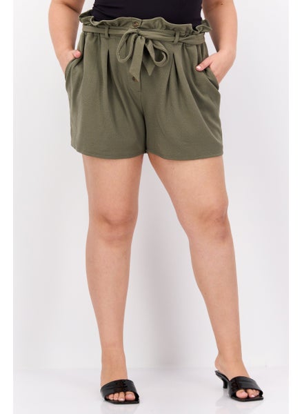 اشتري Women Plus Size Textured Belted Shorts, Olive في الامارات