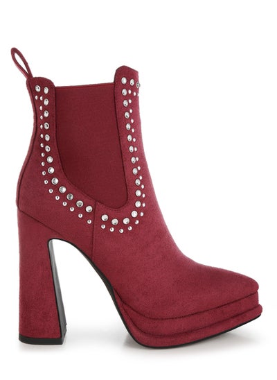 Buy Studs Embellished High Ankle Boots in Burgundy in UAE