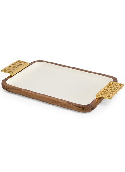 اشتري Damask Large Wooden Rectangular Tray, White & Gold - 47x30 cm في الامارات