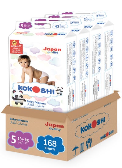 Buy Kokoshi Premium Baby Diapers, Size 5 for babies 13+kg x 168pcs, Eco-friendly and Hypoallergenic Nappies, Japan Quality Ultimate Softness Leakproof for Skin Care Protection(Dxl-168) in UAE