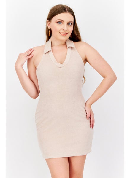 Buy Women Textured Mini Casual Dress, Beige in Saudi Arabia