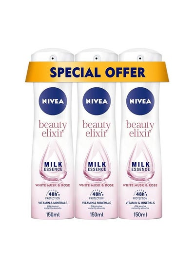 Buy NIVEA Beauty Elixir, Deodorant for Women, White Musk & Rose Scent, Spray 3x150ml in UAE