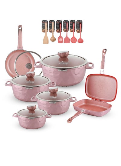 Buy 18Pcs Granite Coated Healthy Cookware Set - Die Cast Aluminum Cooking Casserrole Set Inclued Sauce - Stock Pots French Frying Pan -Double Grill Pan - Nylon and Wooden Tools - PFOA & PTFE Free in UAE