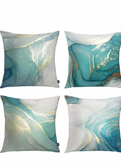 Buy Throw Pillow Covers, Marble Texture Turquoise and Gold Silver Decorative Case Set of 4, Luxury Abstract Fluid Art Ink Soft Velvet Square Cushion Covers for Bed Sofa Home Decor in UAE