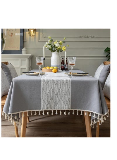 اشتري Rectangle Tablecloths, Burlap Table Cloths, Waterproof Knitted Embroidery Textured Tassel Cotton Linen Decorative Oblong Table Cover for Kitchen Dining Room Picnic (55x55 Inch,Grey) في الامارات