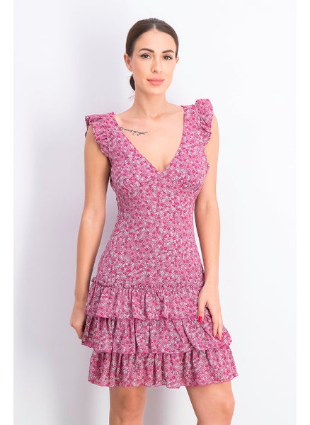 اشتري Women Allover Print Sleeveless Slip Tiered Dress, Pink Combo في السعودية