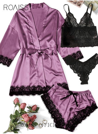 Buy 4 Pack Women's Nightwear Set Silk Satin Sleepwear Pajama Summer Home Wearing Clothes Suits Embroidered Breathable Ladies Lingerie Robe Nightdress Underwear Panties in Saudi Arabia