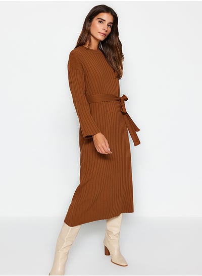 اشتري Brown Belted Rib Knitwear Dress TCTAW24EB00008 في مصر